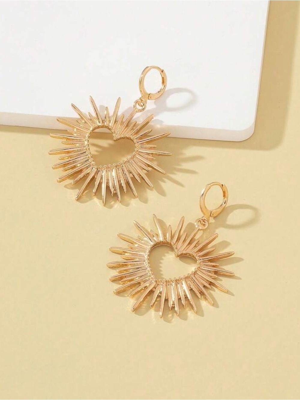 Gold Heart Sunburst Earrings Celestial Hoop Dangle Jewelry Gift for Women - Picture 3 of 5